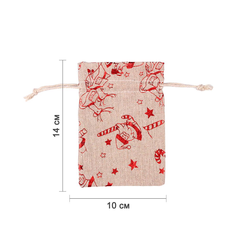 Мешочек из искусственного льна с новогодним принтом 10х14 см, №2
